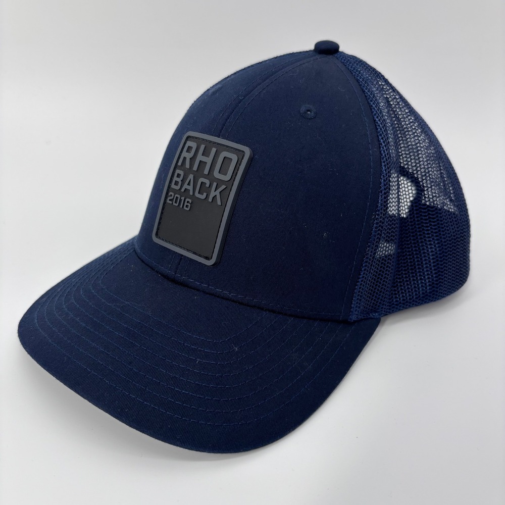 Rhoback Trucker Hat Mens OSFA Navy Blue Rubber Logo Patch Snapback Mesh Cap Golf